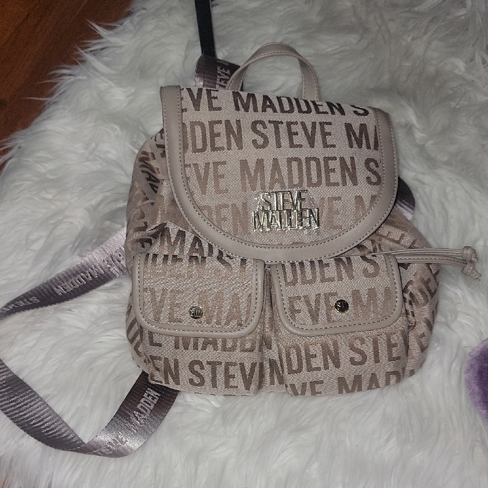 Steve Madden Beige Logo Backpack